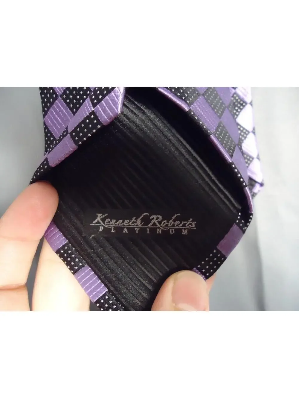 Kenneth Roberts Platinum Purple Black checkered Tie 100% silk